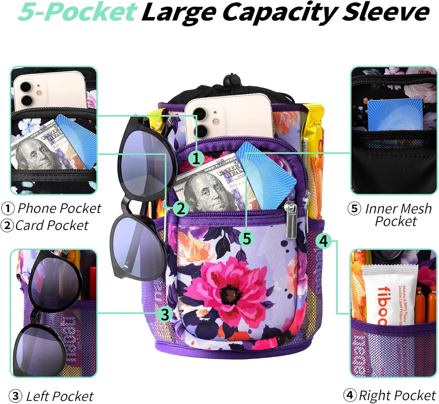 AceTreker 32/40/64/87/128 oz Water Bottle Carrier Bag, Neoprene Water Bottle Sleeve with 4 Pocket, Sport Water Holder with Paracord Handle and Shoulder Strap for Walking Hiking Camping Gym
