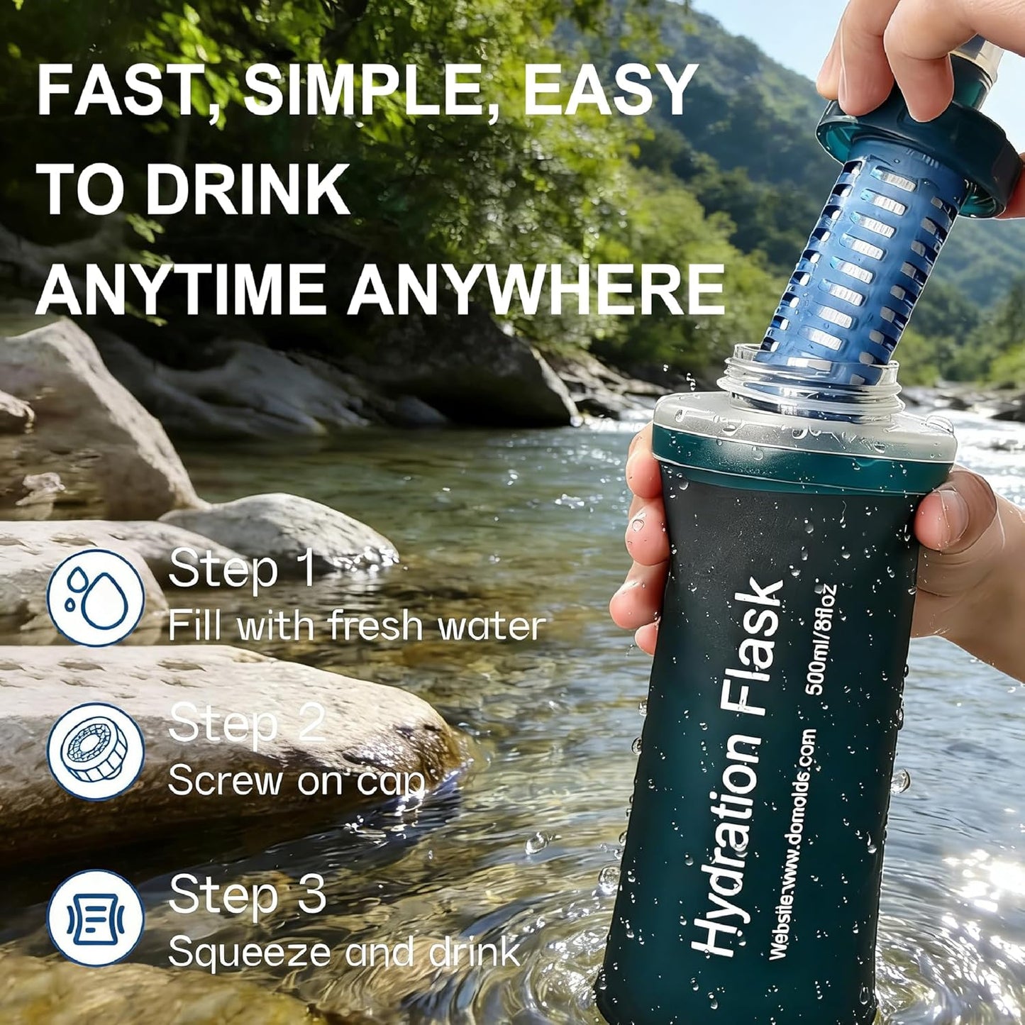 AXEN Collapsible Water Bottle with Filter System, Soft Hydration Flask for Trail Running, Camping, Hiking, Cycling, 700ml Slate Green