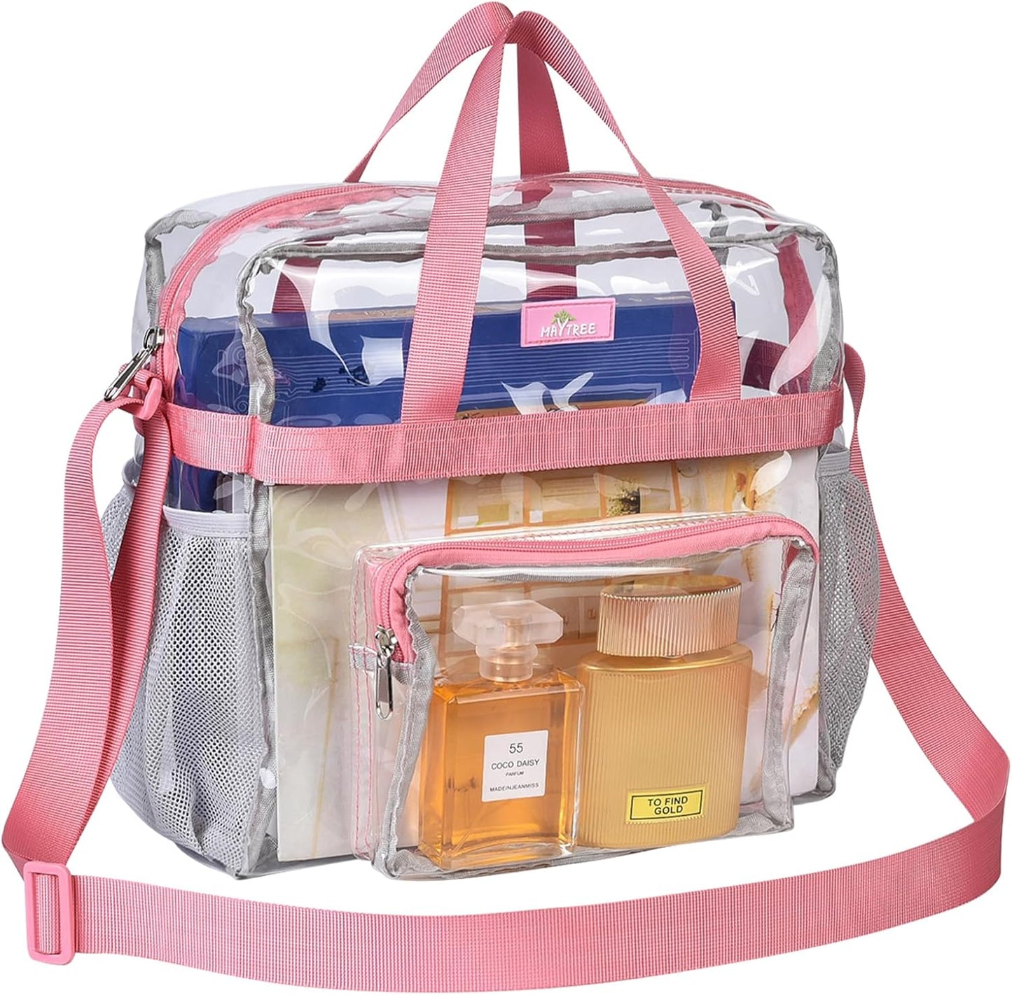 MAY TREE Clear Bag for Stadium Events, 12×5.5×12 Clear Tote Lunch Bag with Non-detachable Reinforced Straps for Work, Sporting Events and Gym, Black
