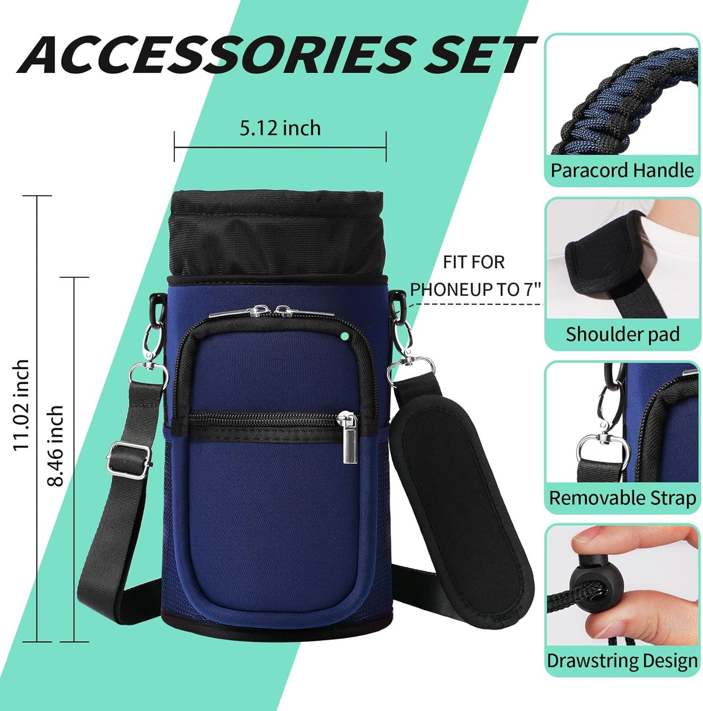 AceTreker 32/40/64/87/128 oz Water Bottle Carrier Bag, Neoprene Water Bottle Sleeve with 4 Pocket, Sport Water Holder with Paracord Handle and Shoulder Strap for Walking Hiking Camping Gym
