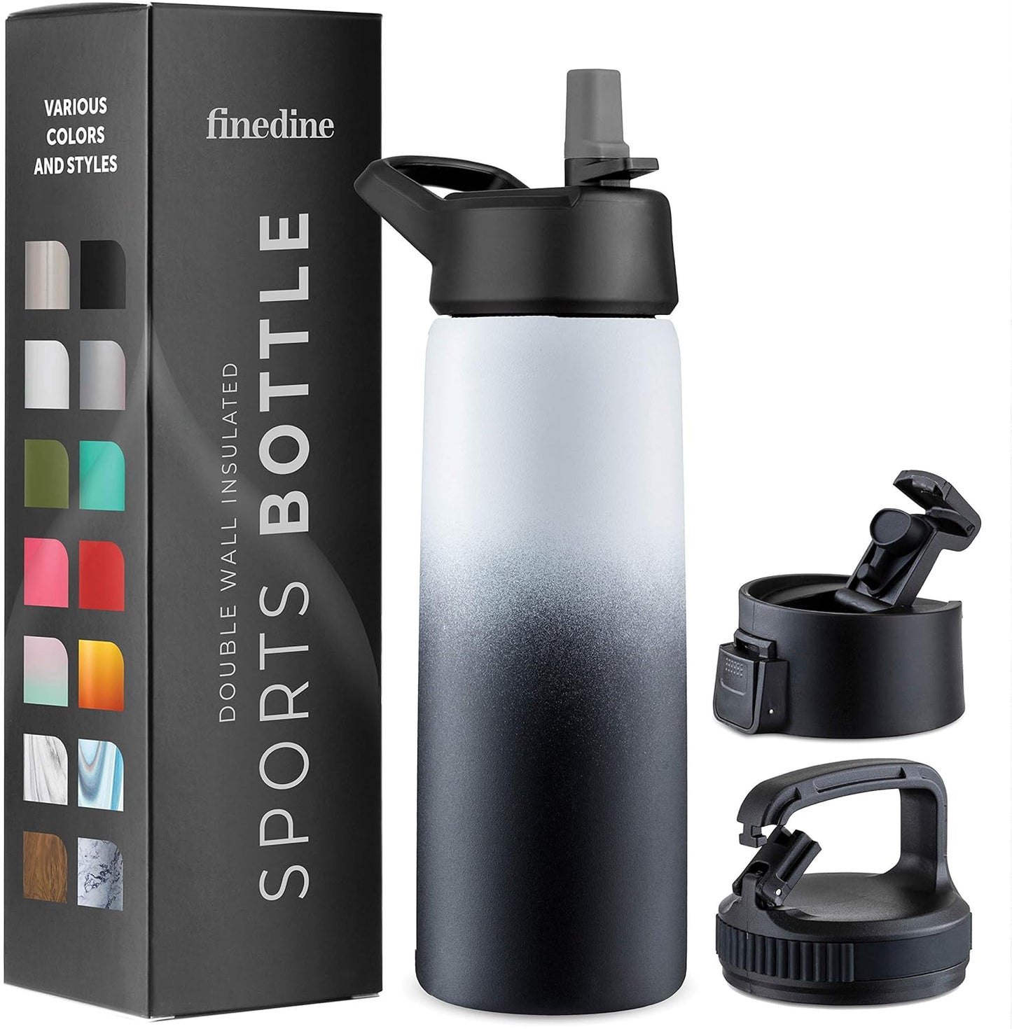 FineDine Water Bottle - Stainless Steel Insulated Water Bottle with Straw Lid, Flip Lid & Wide-Mouth Cap - Keeps Hot and Cold - 25 Oz / 739ml - Dreamy Purple