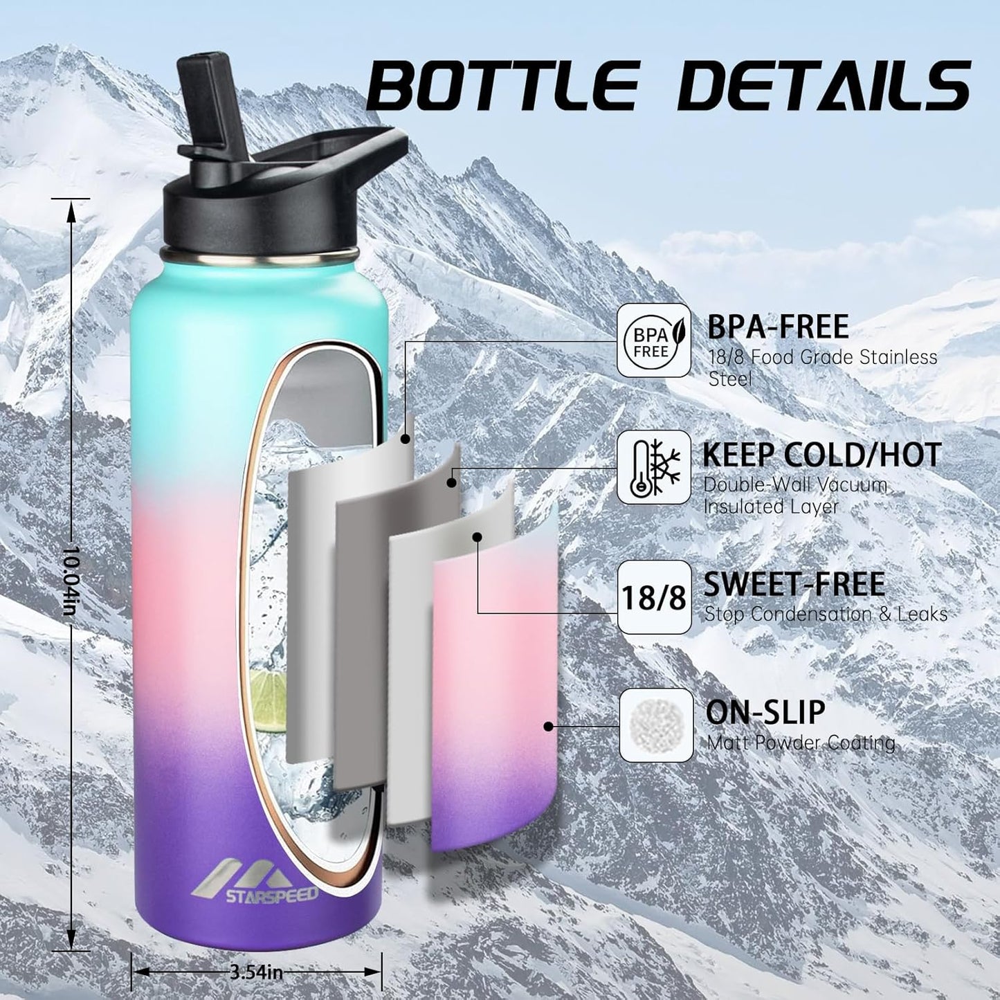 StarSpeed 32oz Insulated Water Bottle with Straw Lid, Stainless Steel Double Walled Vacuum Water Flask, Wide Mouth Sports Water Bottle for Gym Camping Hiking, Indigo Black