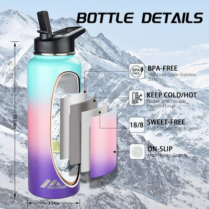 StarSpeed 32oz Insulated Water Bottle with Straw Lid, Stainless Steel Double Walled Vacuum Water Flask, Wide Mouth Sports Water Bottle for Gym Camping Hiking, Indigo Black