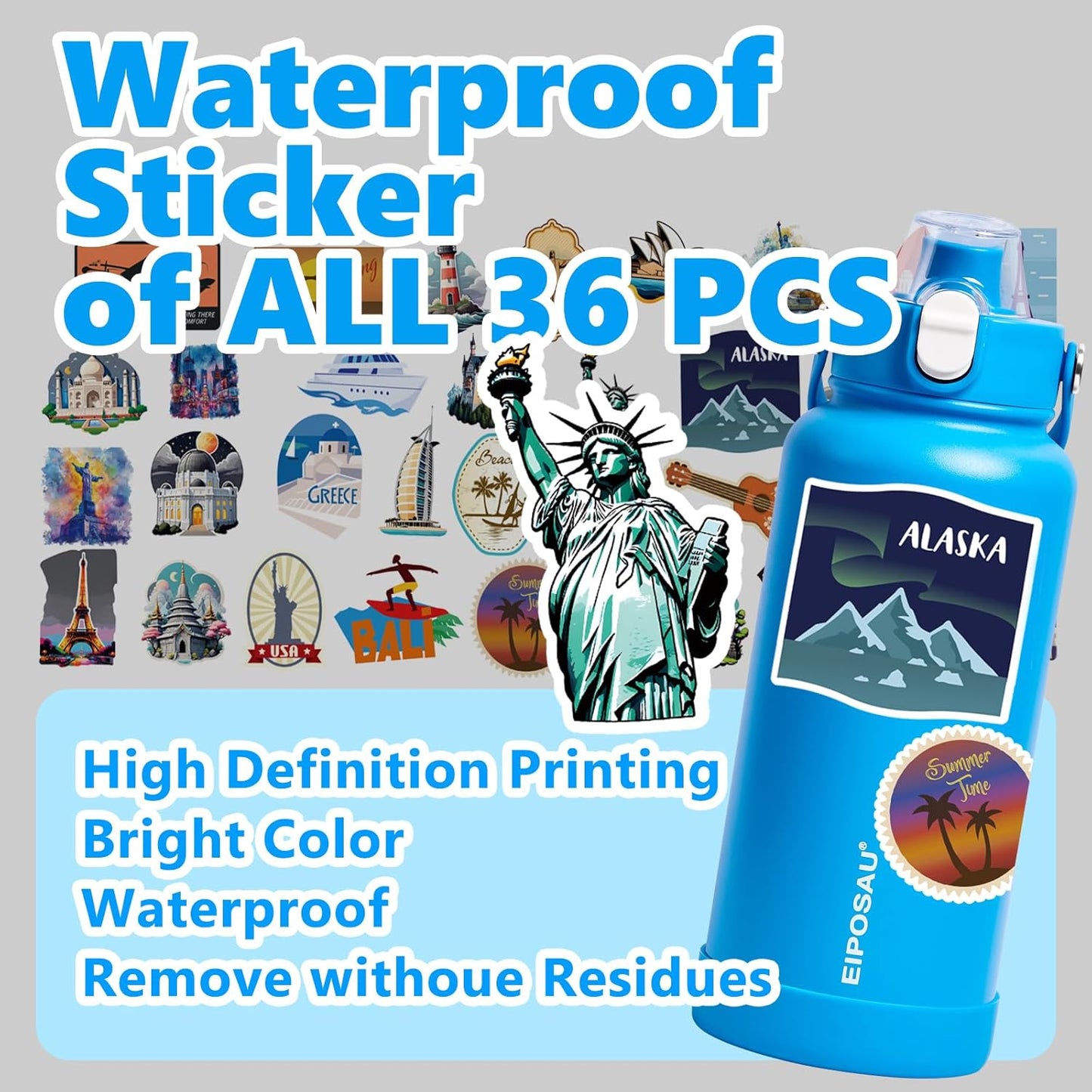 Insulated Water Bottle with Lid & Boot & Stickers, 24 oz Stainless Steel Sweat Free Bottle Keep Cold 24H, BPA-Free Sports Wide Mouth Water Bottle, BlueBlack