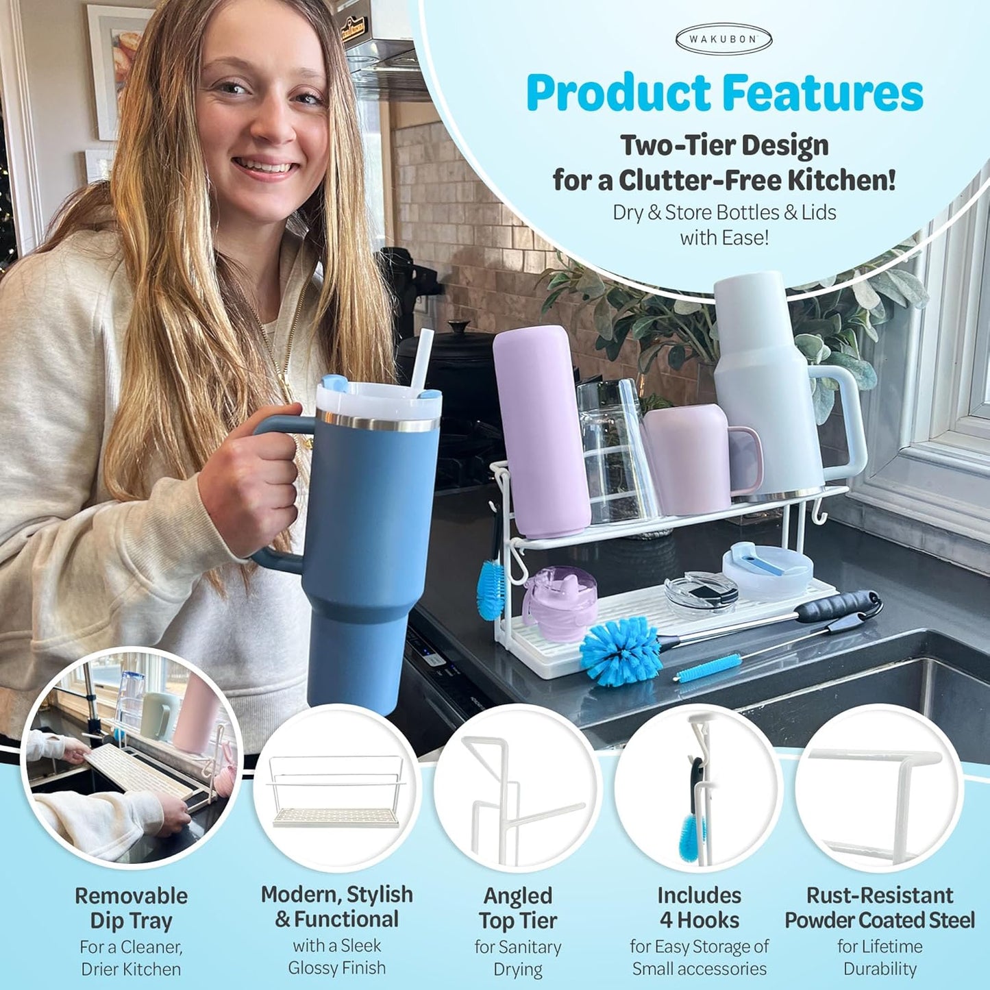 Water Bottle Drying Rack for Kitchen Counter – Cup Drying Rack, Tumbler, Mug & Glass Drying Rack Drying Rack, 2 Tier with Drain Tray and Cleaning Brush Set (Black)