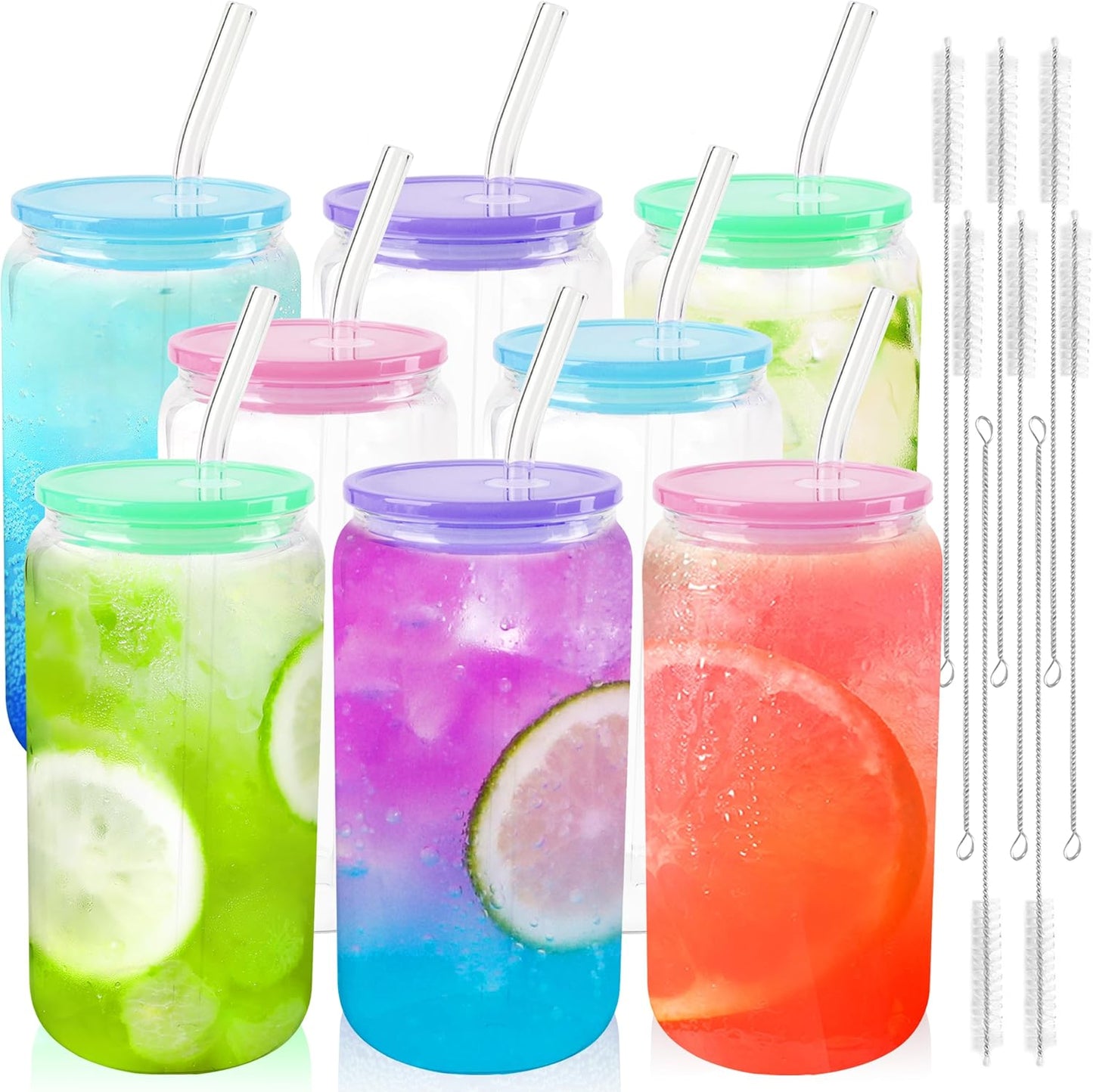 Joyclub 8pcs 16 oz Glass Cups with Acrylic Lids and Straws Can Shaped Iced Coffee Glasses Cute Tumbler Set Drinking Jars for Smoothie Soda Boba Beer Party Housewarming Gifts