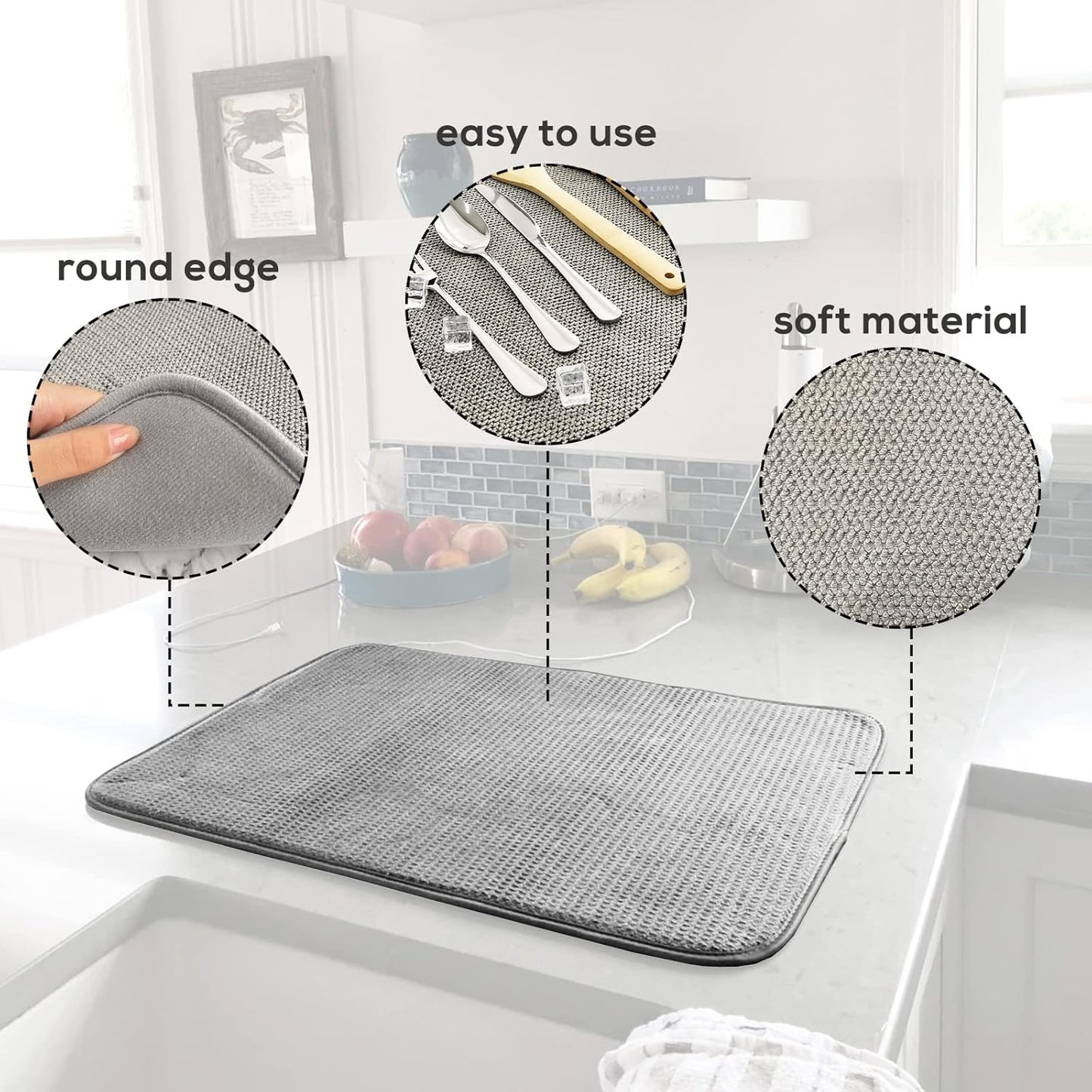 2 Pack Microfiber Dish Drying Mat,24*17 inch Absorbent Dish Drainer Kitchen Counter,Large Size Dish Drying Pad for Countertops,Sinks,Draining Racks(Gray)