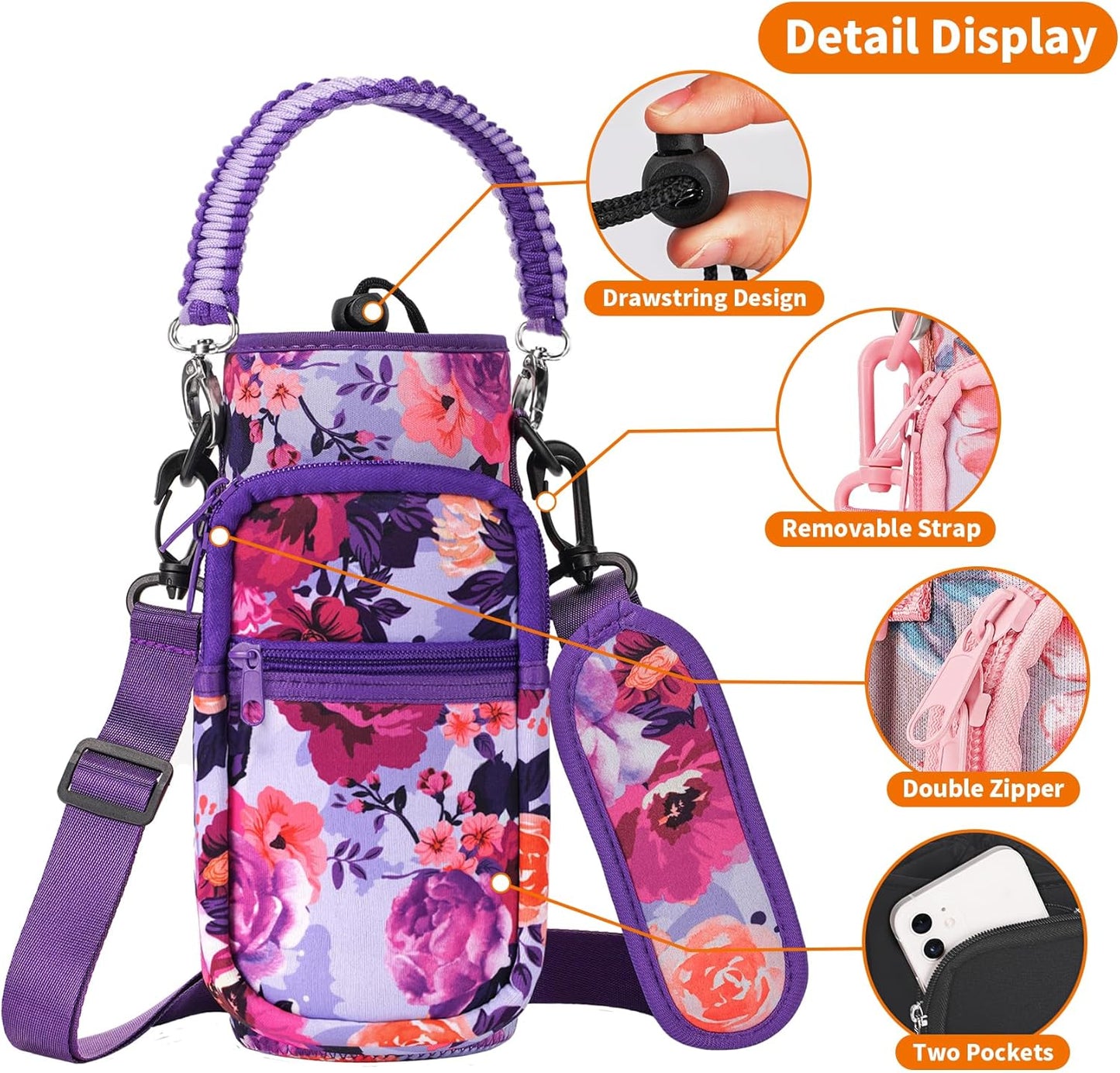 AceTreker 32/40/64/128 oz Neoprene Insulated Water Bottle Carrier Bag, Sling Bag Sleeve Pouch Holder with Strap & Paracord Handle and 2 Pocket for Travelling, Hiking, Camping
