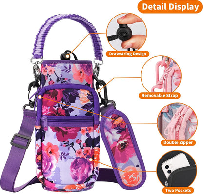AceTreker 32/40/64/128 oz Neoprene Insulated Water Bottle Carrier Bag, Sling Bag Sleeve Pouch Holder with Strap & Paracord Handle and 2 Pocket for Travelling, Hiking, Camping