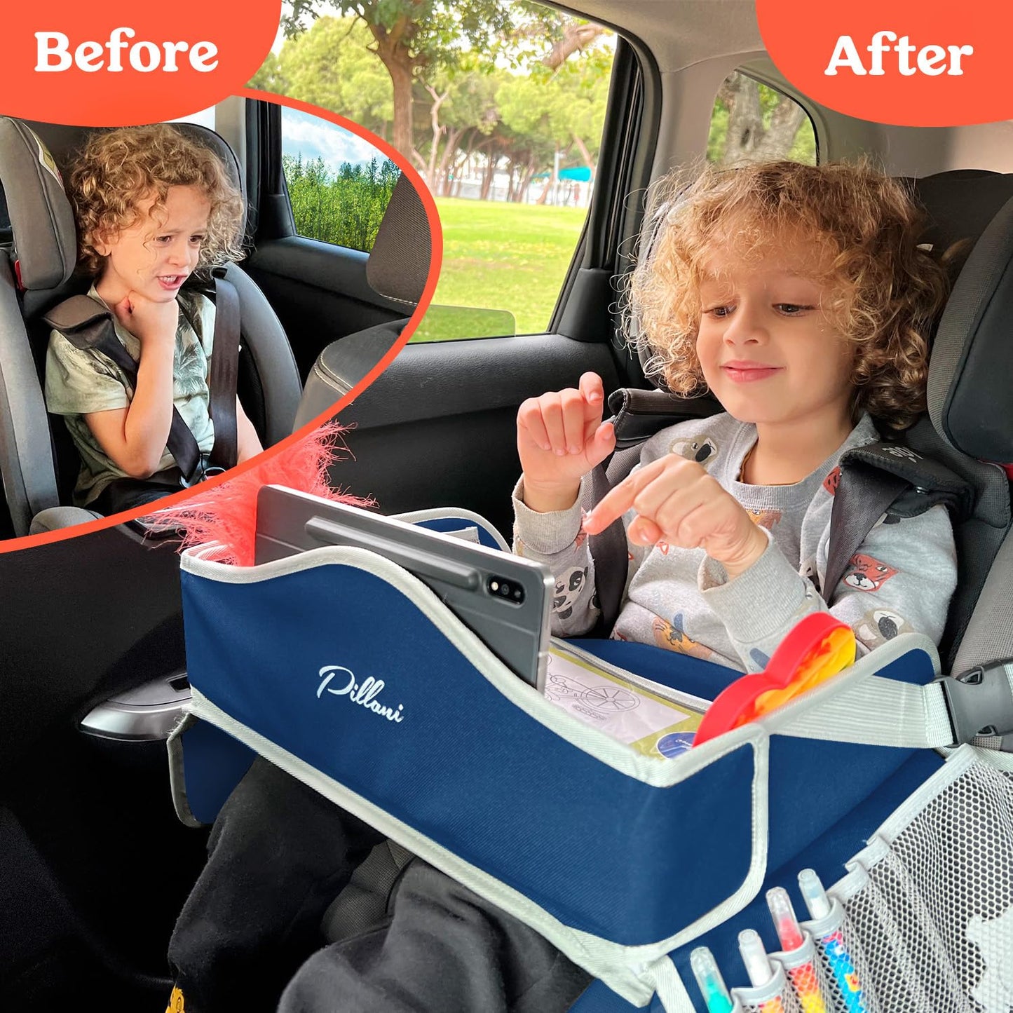 PILLANI Kids Travel Tray for Car - Car Seat Tray with Activity Sheets & Pens, Road Trip Essentials for Car & Airplane, Must Have Toddler Travel Lap Desk Accessories - Road Trip Activities for Kids