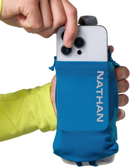 Nathan SpeedDraw 2 Insulated Handheld Running Water Bottle Flask 18oz – Double-Wall Insulation, Ergonomic Grip, Blast Valve Cap, Phone & Key Storage Pockets, Reflective Design