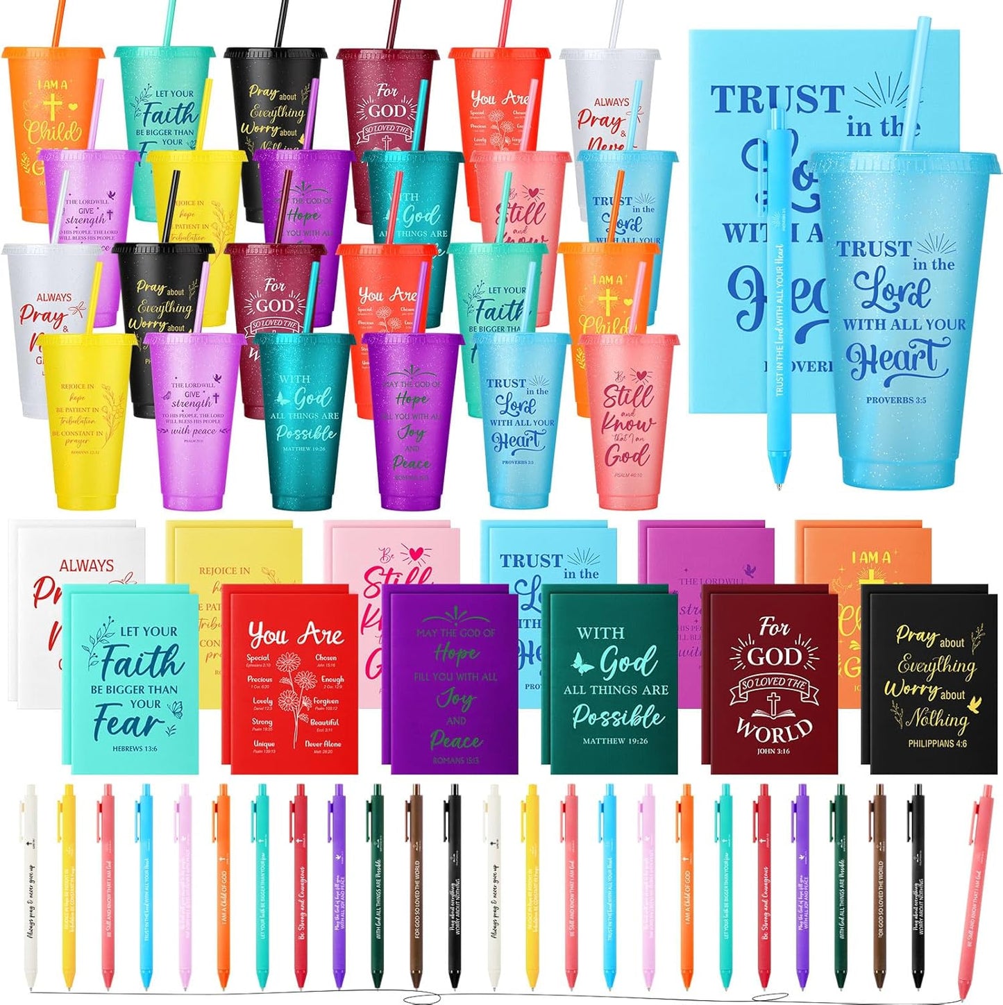 Feifeiya 72 Pcs/ 24 Set Bible Verse Gifts Bulk 24 oz Father's Day Christian Plastic Tumbler with Lids and Straws Inspirational Prayer Notepads Religious Pen Church Cups Gift for Christian Party Favors
