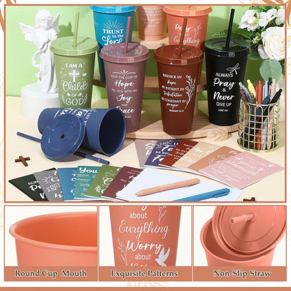Feifeiya 72 Pcs/ 24 Set Bible Verse Gifts Bulk 24 oz Father's Day Christian Plastic Tumbler with Lids and Straws Inspirational Prayer Notepads Religious Pen Church Cups Gift for Christian Party Favors