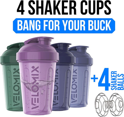 VELOMIX -4 PACK- 20 OZ Protein Shaker Bottle for Protein Mixes - 4x Wire Whisk | Leak Proof Shaker Cups for Protein Shakes | Stackable Protein Shaker Bottle Pack | Dishwasher Safe (Berry Blend)