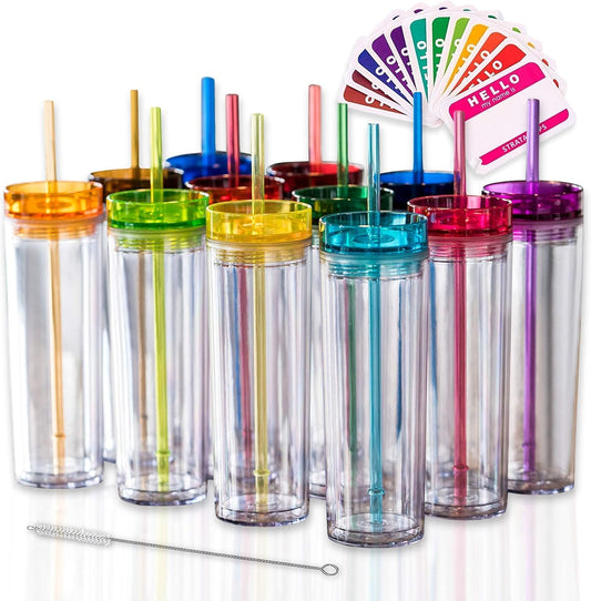 STRATA CUPS 12 Colored Skinny Tumblers with Lids and Straws | 16oz Reusable Cup Double-Wall Clear Tumbler with Lid and Straw, Durable Acrylic Tumblers With FREE Straw Cleaner & Name Tags