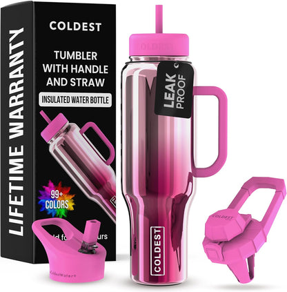 Coldest Tumbler with Handle and Straw - 100% Spill Proof Tumbler with Straw (3 Lids) - Stainless Steel Insulated Leakproof Tumblers for Women & Men - Cup Holder Friendly - 46 oz (Purple Nova) - Colors B