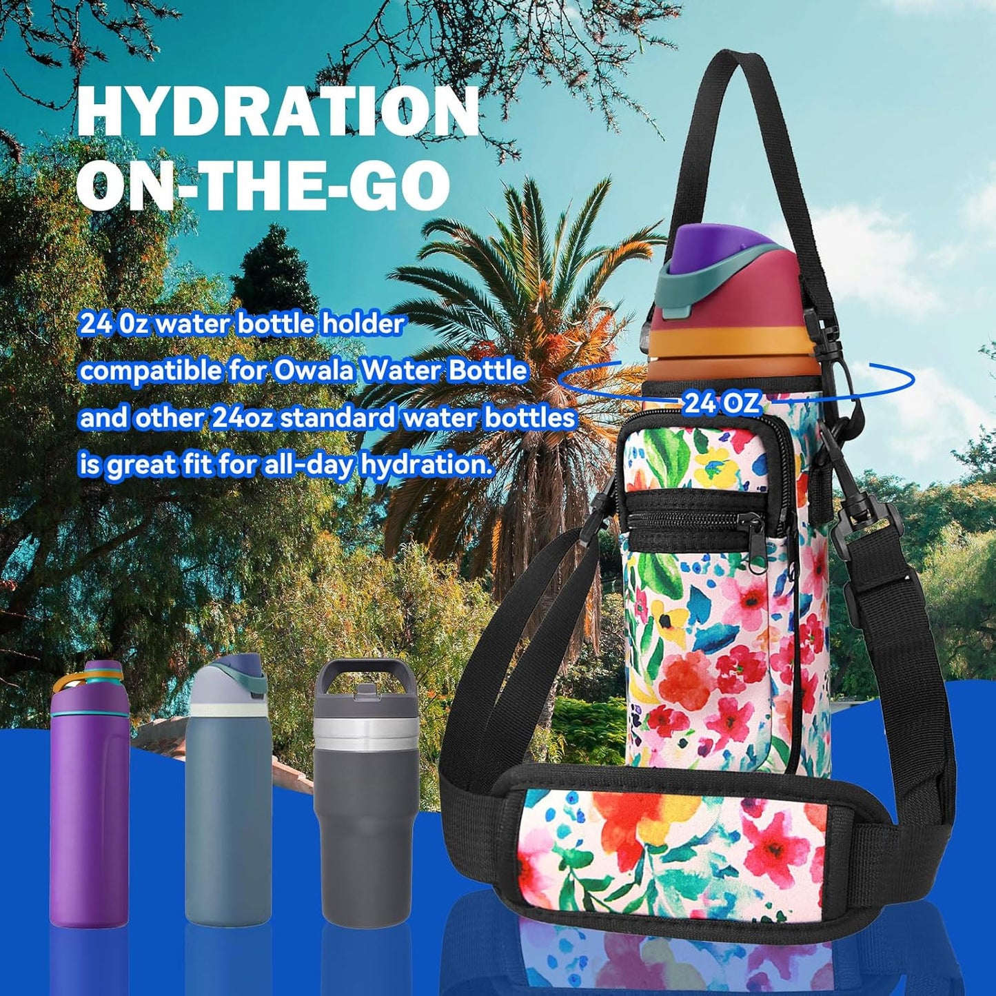 Neoprene Water Bottle Holder Bag with Cell Phone Pocket Compatible with Owala FreeSip 24 oz，Water Bottle Carrying Bag ，with Adjustable Shoulder Strap,for 24oz Stainless Steel Water Bottle