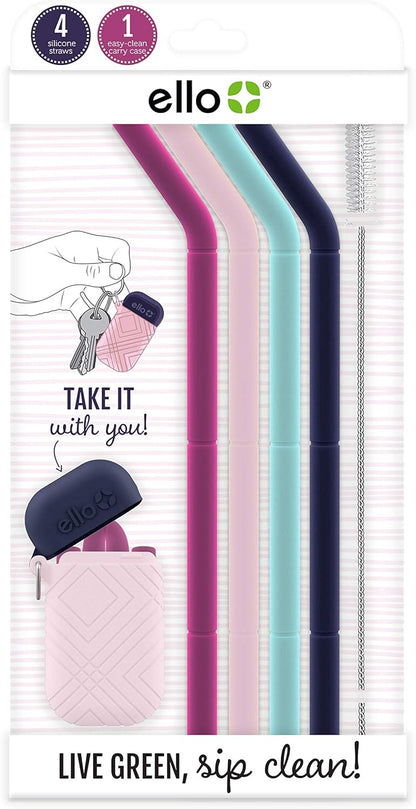 Ello Impact Pack of Reusable Silicone Straws with Fold & Store Carry Case, Portable Drinking Straw for Party Travel Cruise Ship, Includes Straw Cleaning Brush, Dishwasher Safe, BPA-Free