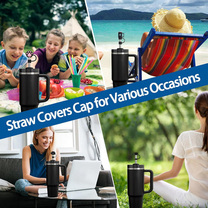 6PCS Silicone Straw Covers Cap Compatible with Stanley Cup 30-40 oz Tumbler with Handle 10mm Straw Toppers，Dust-Proof Reusable Straw Cover for Stanley Cup Accessories (Black)