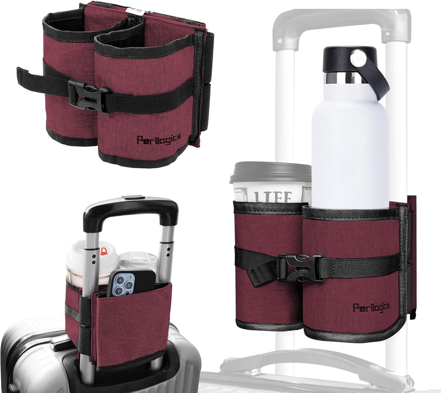 Perilogics Luggage Travel Cup Holder Hands Free Drink Caddy for Suitcase Handle. Perfect Airplane Travel Essential Accessory Gift for Frequent Traveler, Flight Attendant or with Children (Dark Gray)