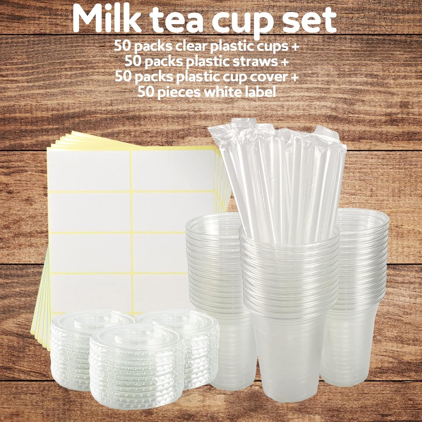 50 Sets Clear Plastic Cups With Flat Lids,16oz Disposable Iced Coffee Cups with Straws and Stickers,Plastic Cups for Iced Coffee,Cold Drinks,Juice, Bubble Boba Tea,Smoothie, Milkshake