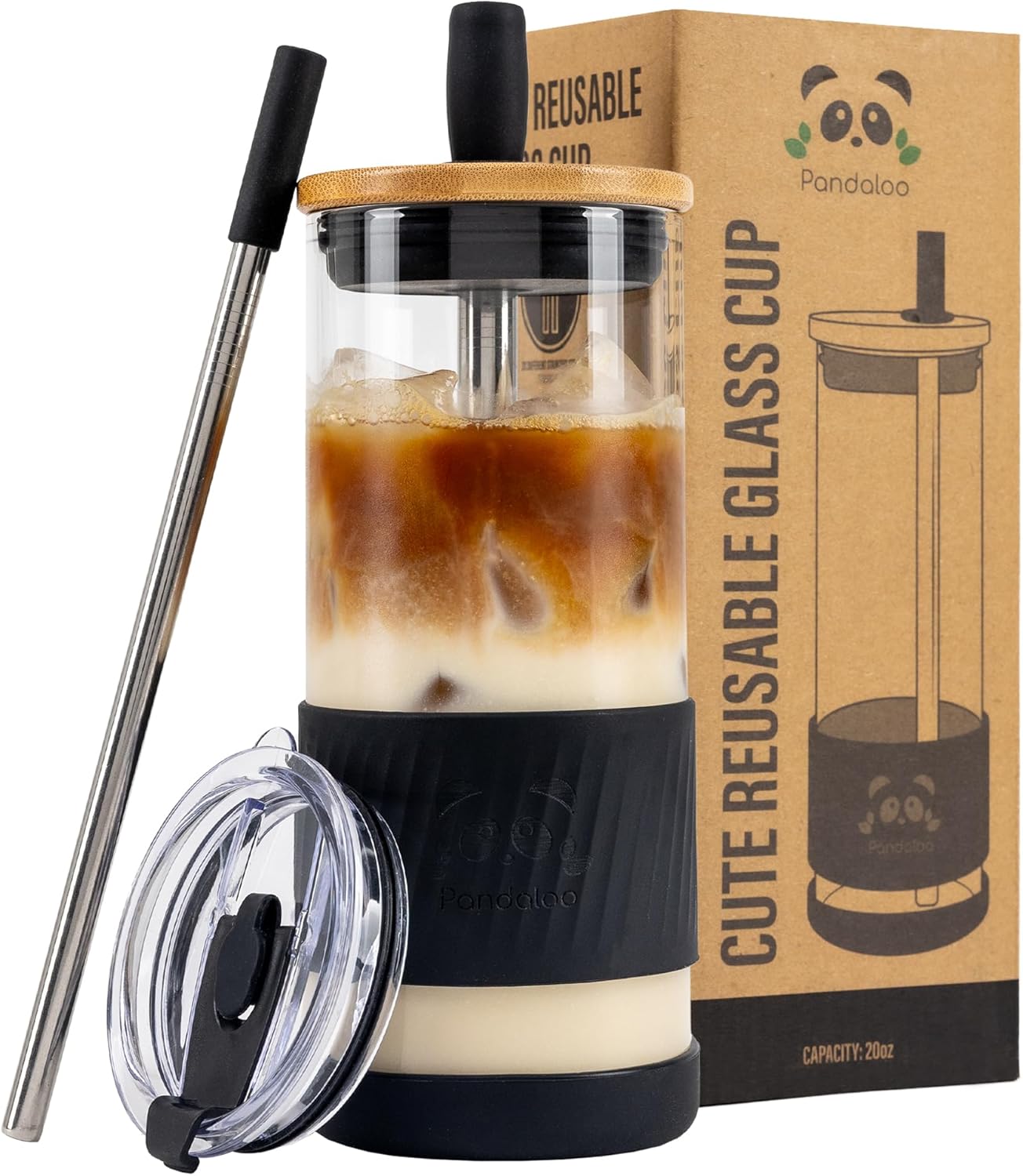 Pandaloo® Glass Cups With Lids and Straws -20 Fl Oz- Perfect Size Iced Coffee Cup - Smoothie Cup With Bamboo Lid and On the go Lid - Glass Tumbler With Straw (1 Count (Pack of 1), Lilac Rhapsody)