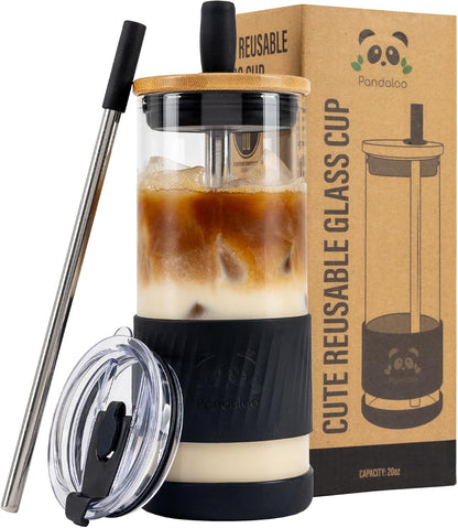 Pandaloo® Glass Cups With Lids and Straws -20 Fl Oz- Perfect Size Iced Coffee Cup - Smoothie Cup With Bamboo Lid and On the go Lid - Glass Tumbler With Straw (1 Count (Pack of 1), Lilac Rhapsody)