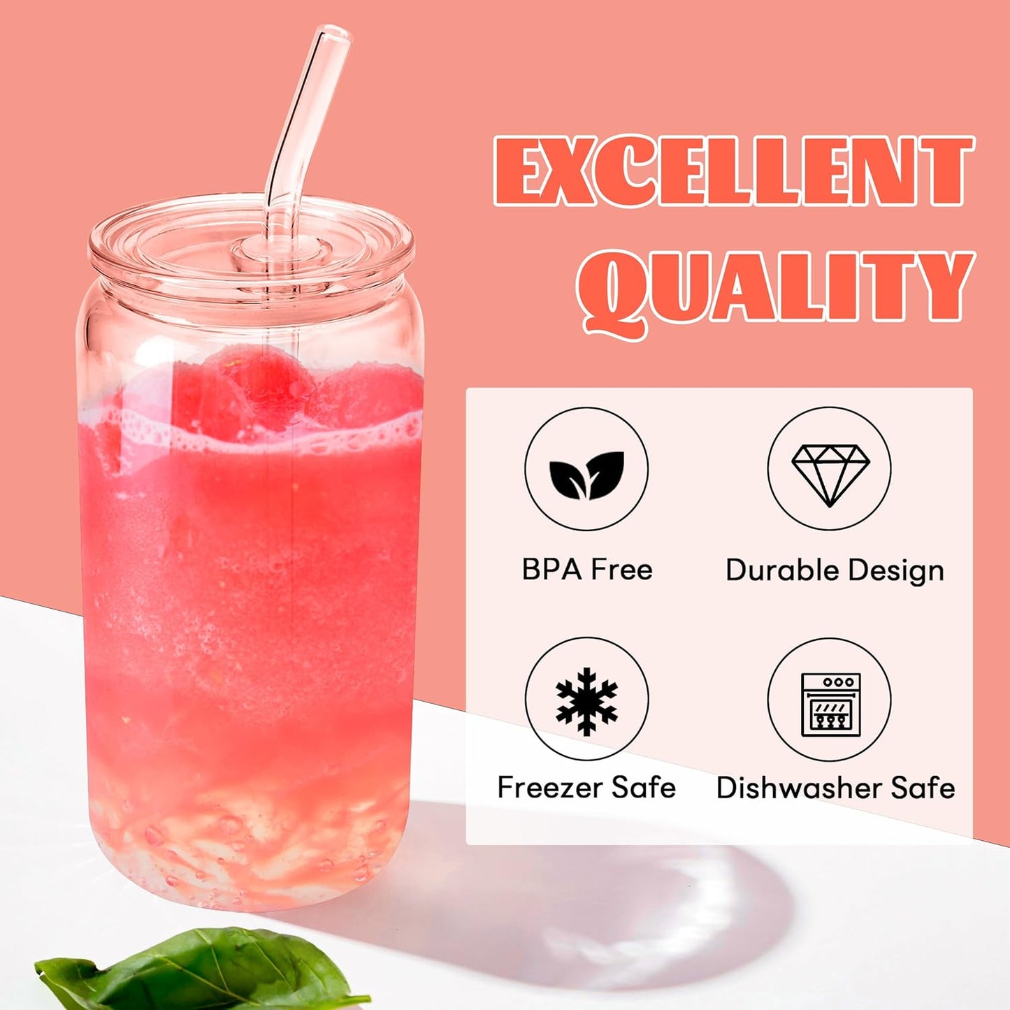 Joyclub 8pcs 16 oz Glass Cups with Acrylic Lids and Straws Can Shaped Iced Coffee Glasses Cute Tumbler Set Drinking Jars for Smoothie Soda Boba Beer Party Housewarming Gifts