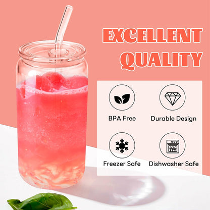 Joyclub 8pcs 16 oz Glass Cups with Acrylic Lids and Straws Can Shaped Iced Coffee Glasses Cute Tumbler Set Drinking Jars for Smoothie Soda Boba Beer Party Housewarming Gifts