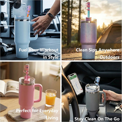 12 Pack Replacement Glitter Straws and Covers for 40 oz Stanley Adventure Travel Tumbler Cup, Reusable Glitter Straws with Cleaning Brush, Compatible with 40oz 30oz 20oz 14oz Stanley Water Jug, 12inch