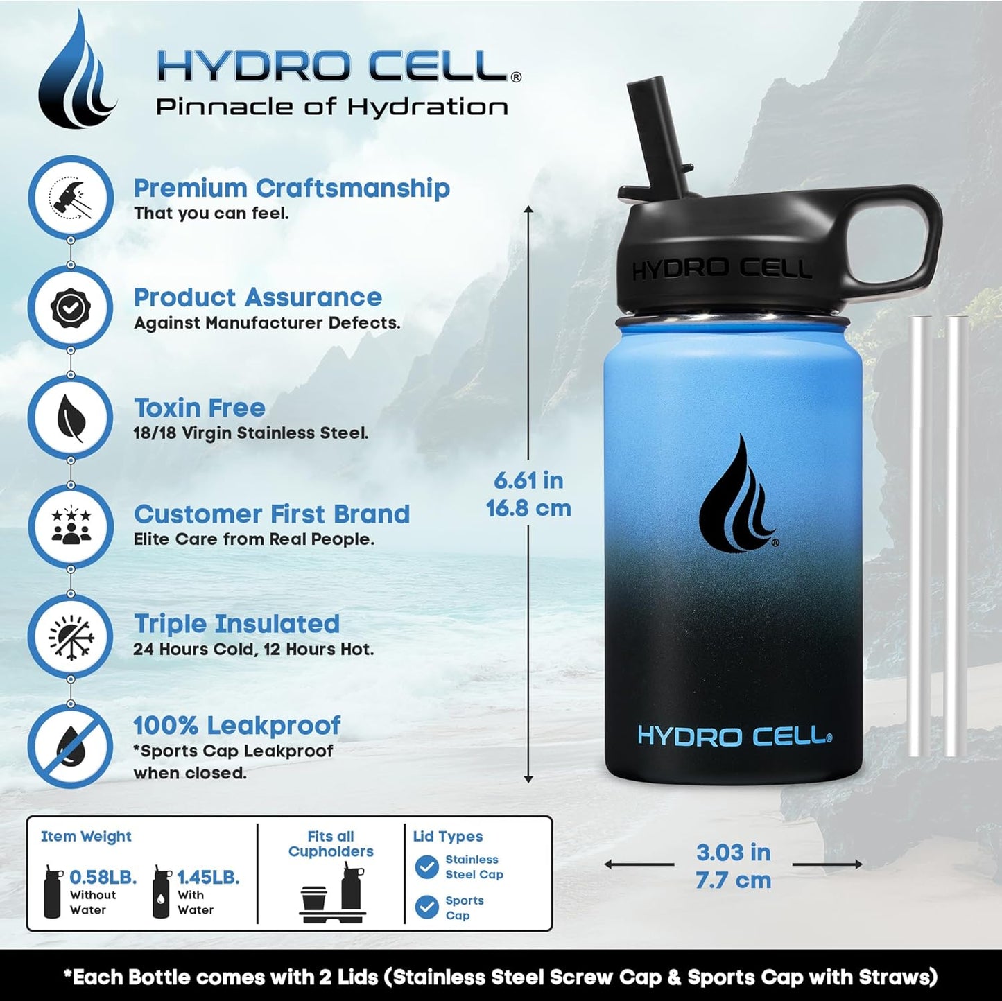 HYDRO CELL Stainless Steel Insulated Water Bottle with Straw - For Cold & Hot Drinks - Metal Vacuum Flask with Screw Cap and Modern Leakproof Sport Thermos for Adults (Neon 18oz)