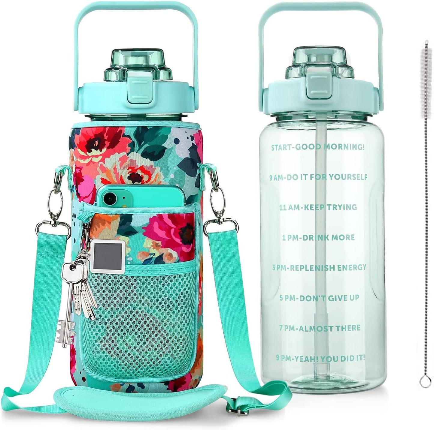 Half Gallon Water Bottle with Sleeve, 64OZ Motivational Water Bottle with Straw & Time Marker, BPA Free Leakproof Gym for Sport Workout