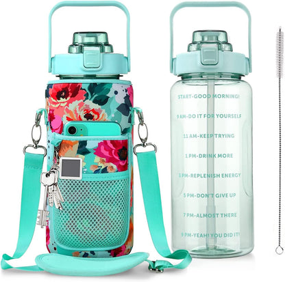 Half Gallon Water Bottle with Sleeve, 64OZ Motivational Water Bottle with Straw & Time Marker, BPA Free Leakproof Gym for Sport Workout