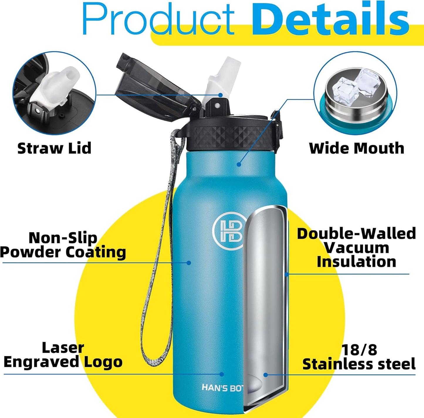Han's Bottle Sports Water Bottle - 24 Oz, Straw Lid, Leak Proof, Vacuum Insulated Stainless Steel, Double Walled, Thermo Mug,Black