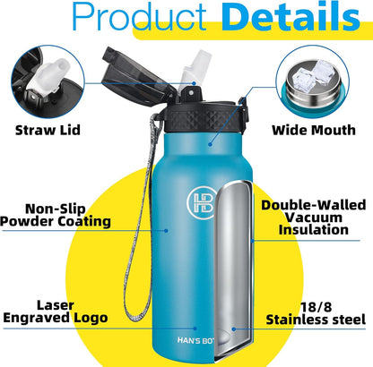 Han's Bottle Sports Water Bottle - 24 Oz, Straw Lid, Leak Proof, Vacuum Insulated Stainless Steel, Double Walled, Thermo Mug,Black