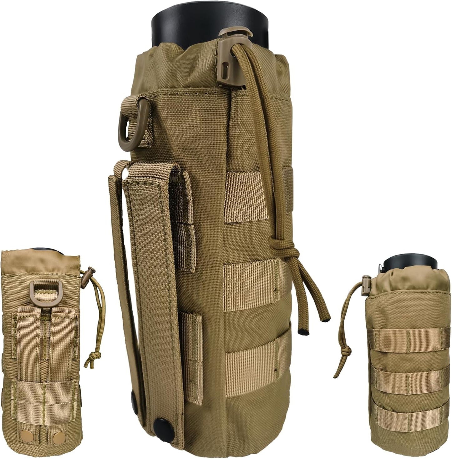 Tactical MOLLE Water Bottle Holder, Upgraded Water Bottle Pouch with Drawstring Open Top & Mesh Bottom, 16/24/25/32oz Water Bottle Carrier Bag with D-Ring Hook for Backpack
