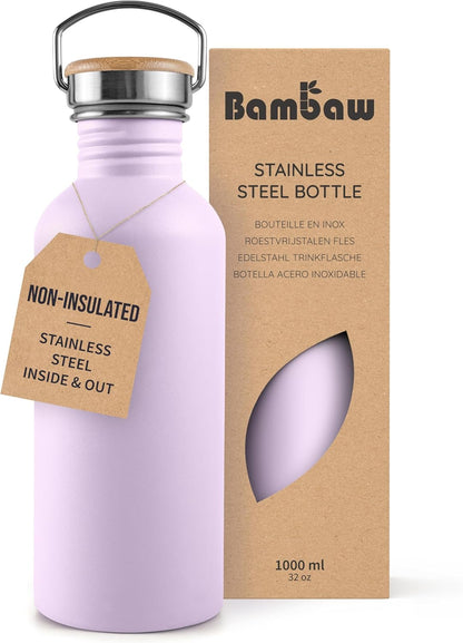 Bambaw Stainless Steel Water Bottles 32 oz, Non-insulated Single Wall Metal Water Bottle Stainless Steel, Reusable & Eco Friendly, Dishwasher Safe – Silver | Non-insulated