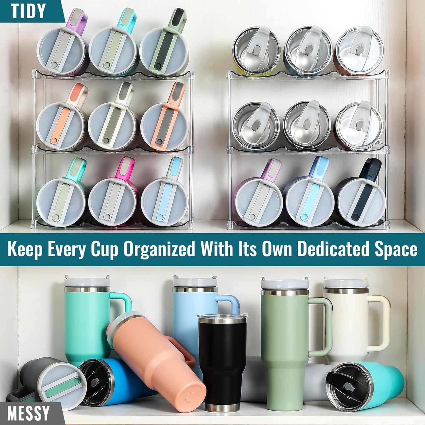 Design for Stanley 40 OZ & Large Bottles & Tumblers with Handle - Acrylic Water Bottle Organizer - Stackable Clear Wine Rack Cup Holder for Home Kitchen Pantry Shelf Countertop Cabinet, 4 Tier Hold 16