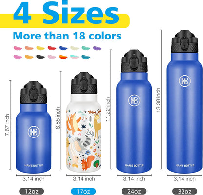 Han's Bottle Sports Water Bottle - 24 Oz, Straw Lid, Leak Proof, Vacuum Insulated Stainless Steel, Double Walled, Thermo Mug,Black
