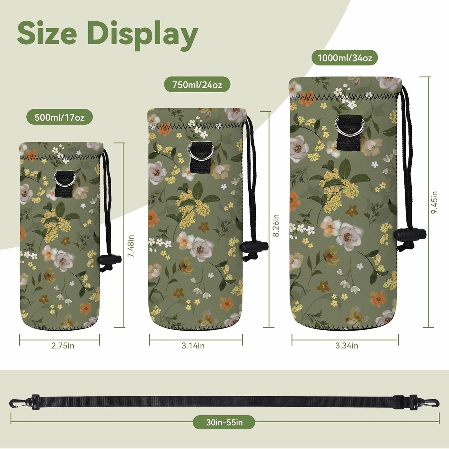 Neoprene 500ML/750ML/1000ML Water Bottle Bag Carrier, Portable Insulated Bottle Sling Holder Case Pouch with Adjustable Shoulder Strap for Men Women Walking Hiking Running