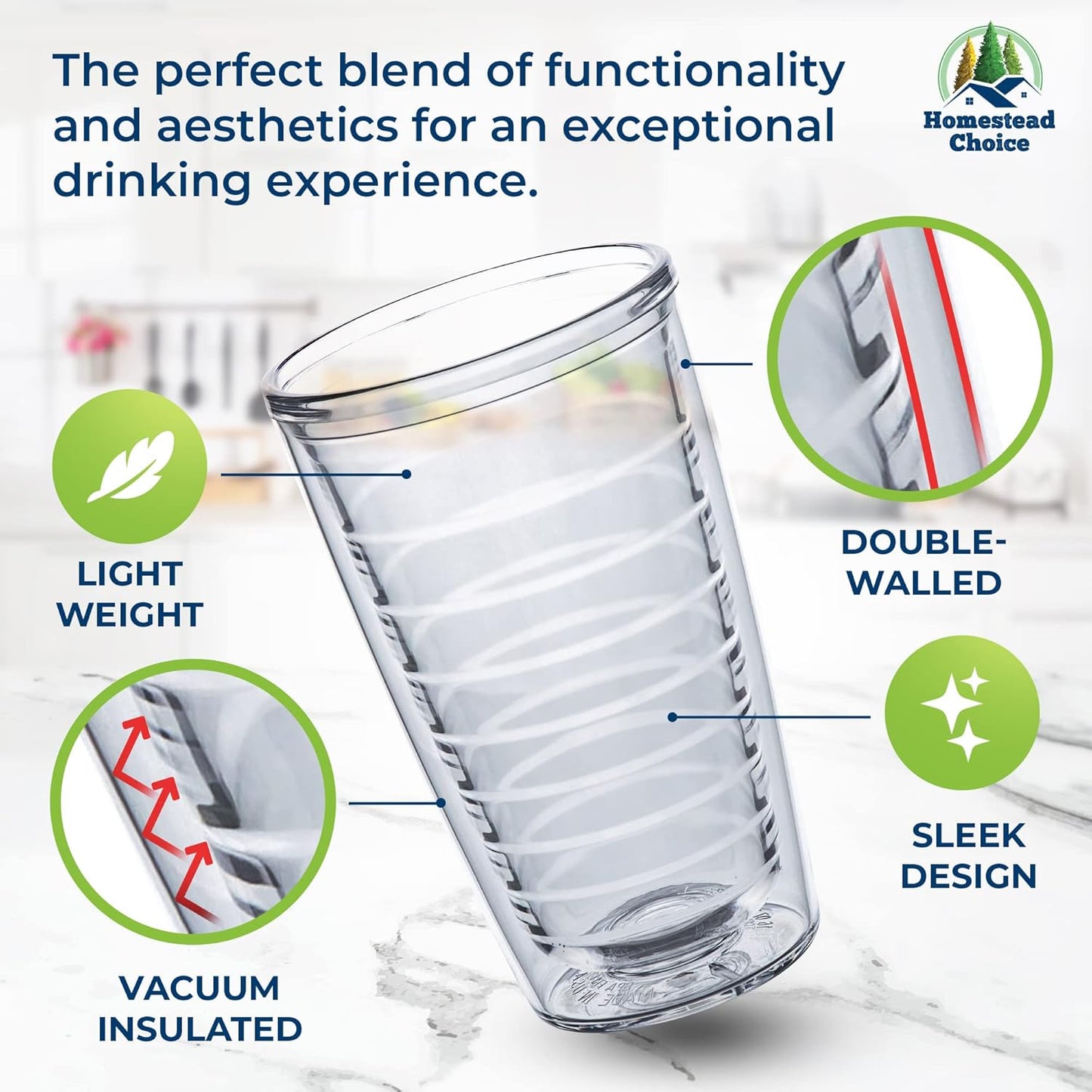 Homestead Choice 16oz Insulated Tumblers Plastic Keeps Drinks Cold & Hot, 4pack Double Walled Clear Insulated Drinking Glasses Cup, BPA-Free, Reusable, Camping, Travel, Kitchen, Party