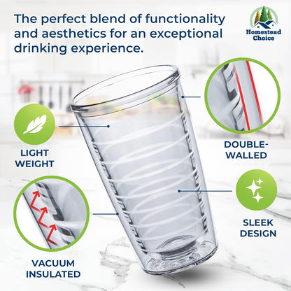 Homestead Choice 16oz Insulated Tumblers Plastic Keeps Drinks Cold & Hot, 4pack Double Walled Clear Insulated Drinking Glasses Cup, BPA-Free, Reusable, Camping, Travel, Kitchen, Party