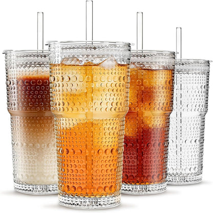 INSETLAN 20oz Hobnail Glass Cups with Lids and Glass Straws – 4 Pieces, Thick-Walled Glass Tumblers for Iced Coffee, Smoothies, Milk, Water, Juice, and More – Elegant and Durable Drinking Glasses