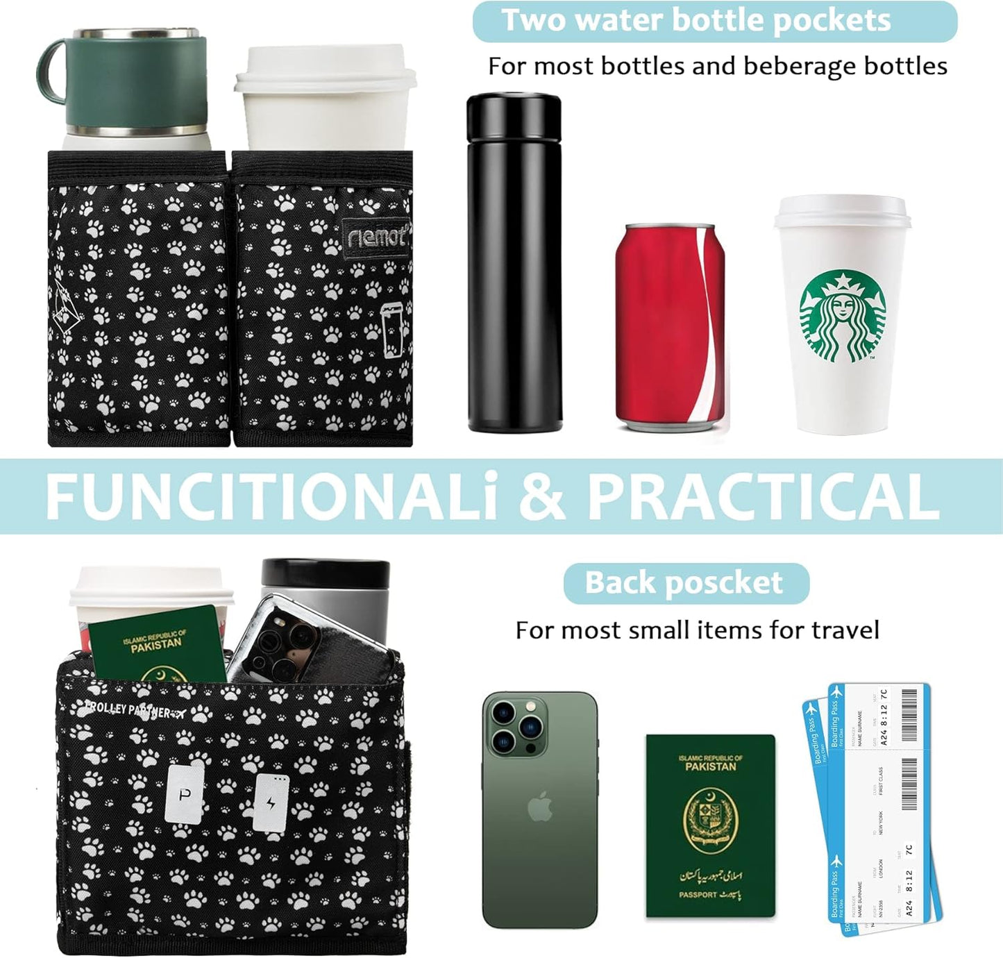 riemot Luggage Travel Cup Holder Free Hand Drink Caddy - Hold Two Coffee Mugs - Fits Roll on Most Suitcase Handles - Gifts for Flight Attendants &Frequent Travelers Accessories Black