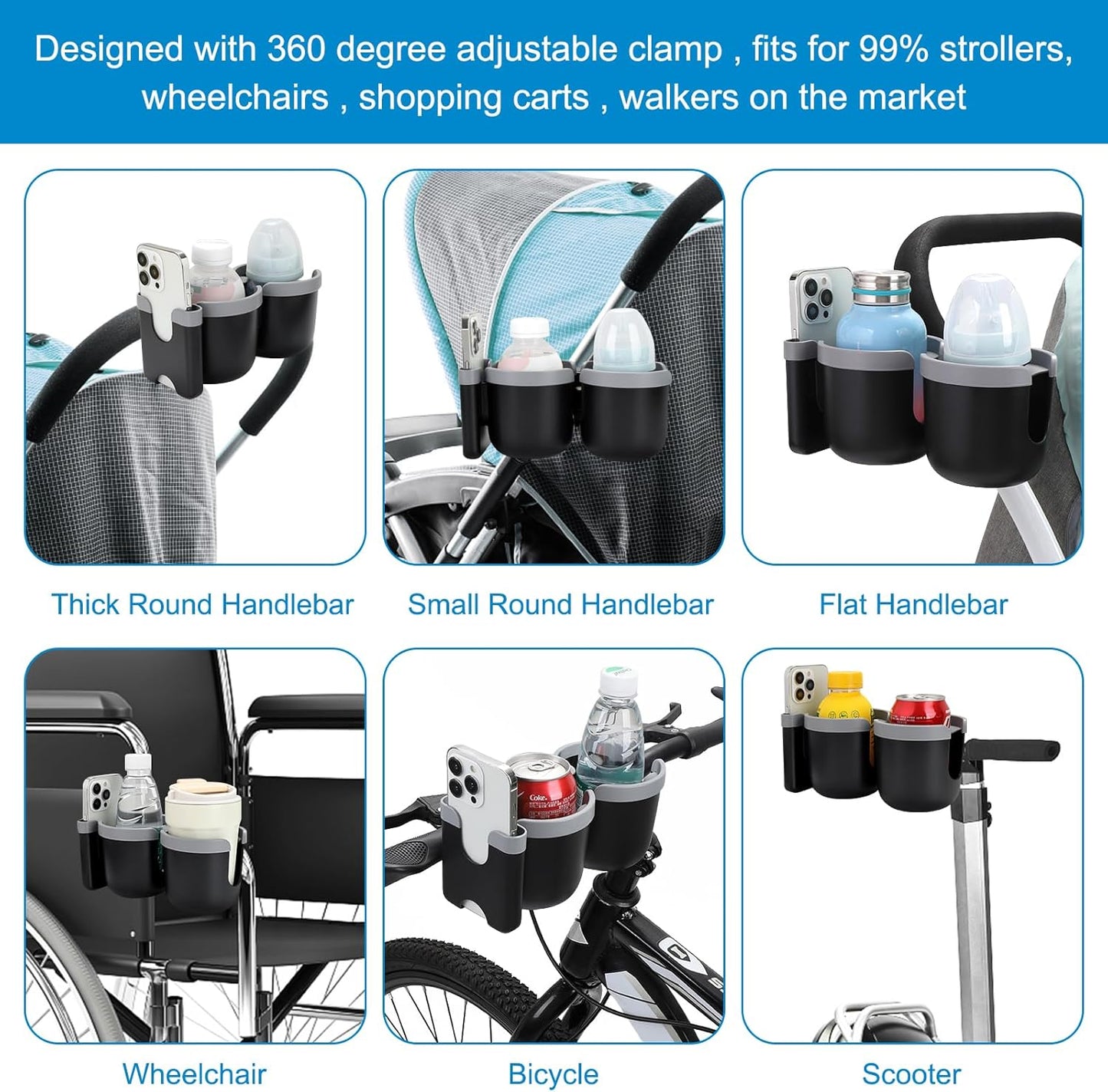 Accmor Stroller Cup Holder with Phone Holder, Bike Cup Holder, Universal Cup Holder for Uppababy Nuna Doona Strollers, 2-in-1 Cup Holder for Walker, Wheelchair, Scooter - Colors B