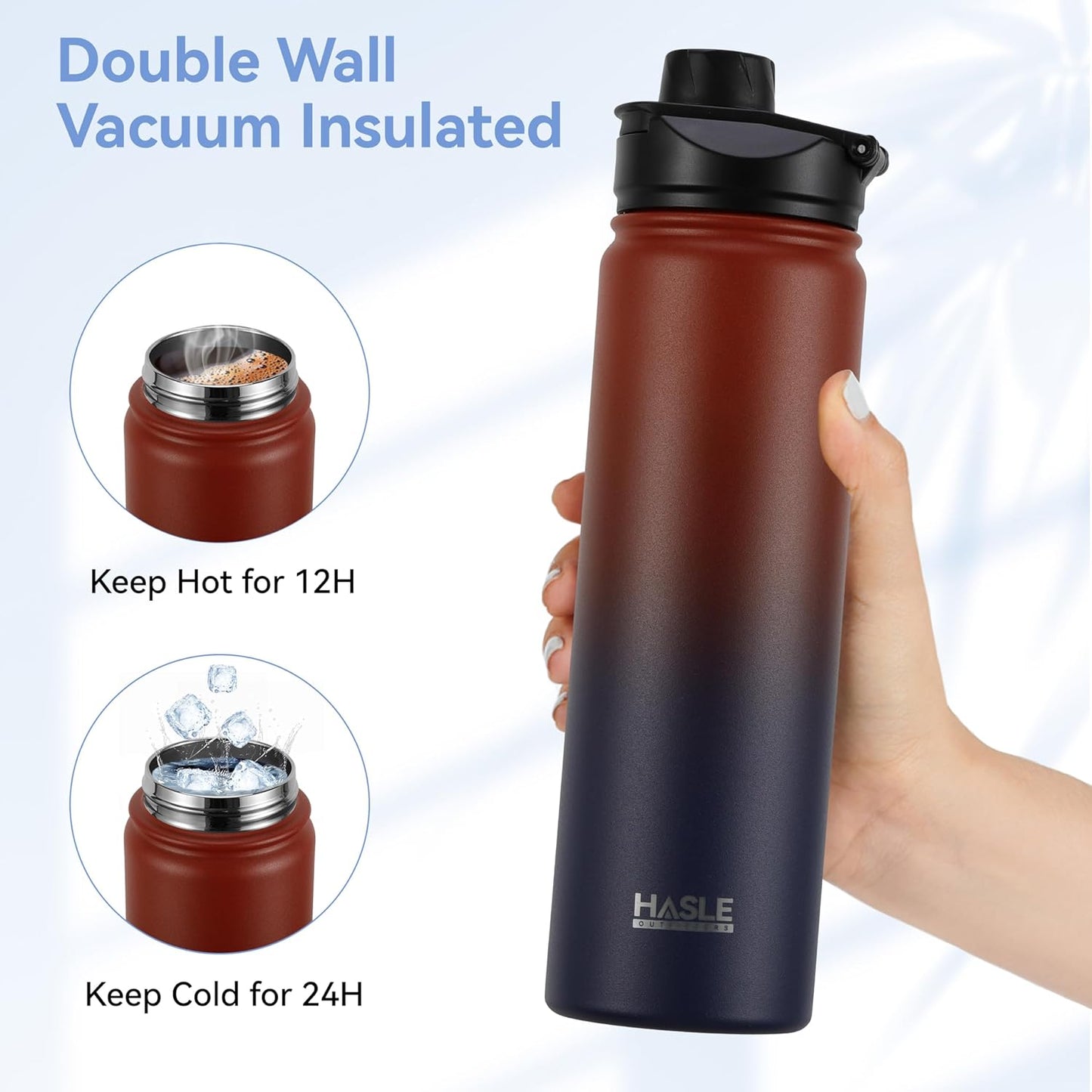 HASLE OUTFITTERS 32 oz Insulated Water Bottle Stainless Steel Double Walled Vacuum Sports Water Bottle with 2 Lids (Straw and Spout Lid) for Gym Camping Hiking(Black,1)