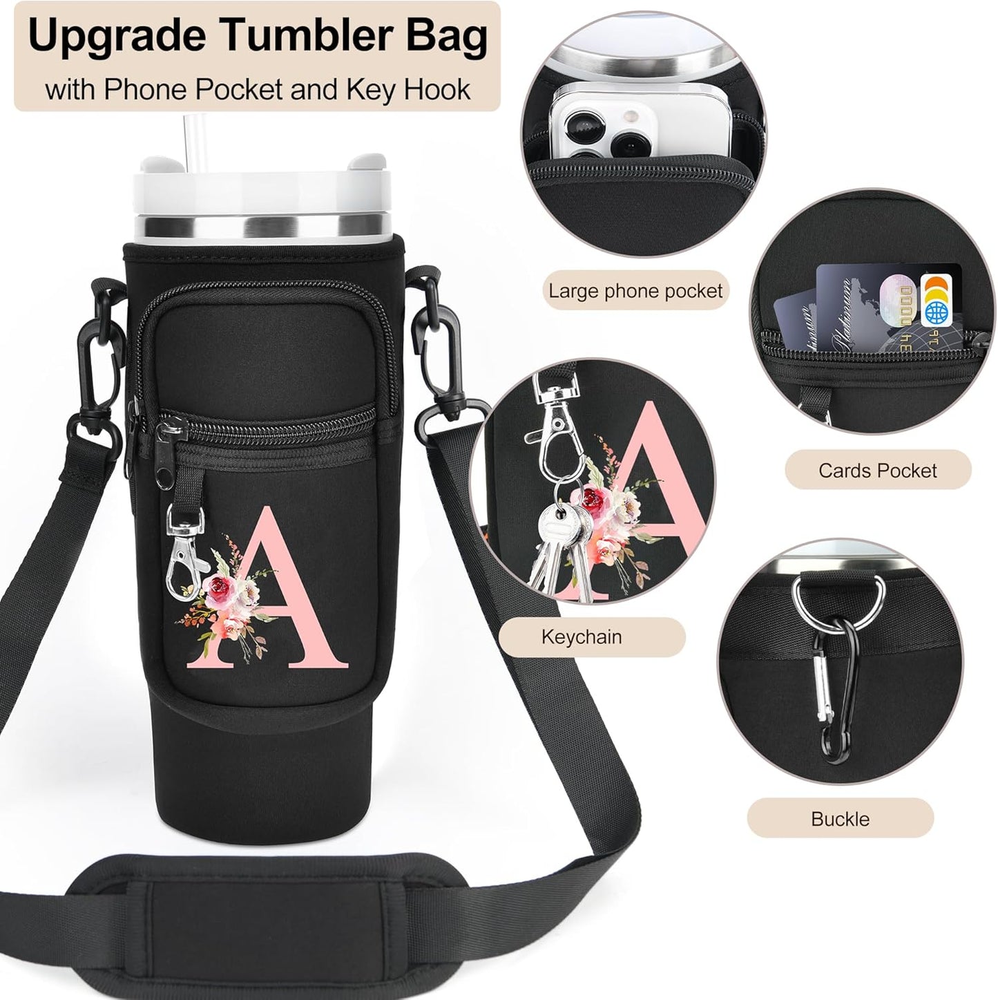 Initial Water Bottle Holder with Strap for Stanley Cup Accessories 40 oz/Simple Modern Tumbler, Birthdays for Women Girls, Water Bottle Carrier Bag with Phone Pocket,Hiking Walking Gym Camping