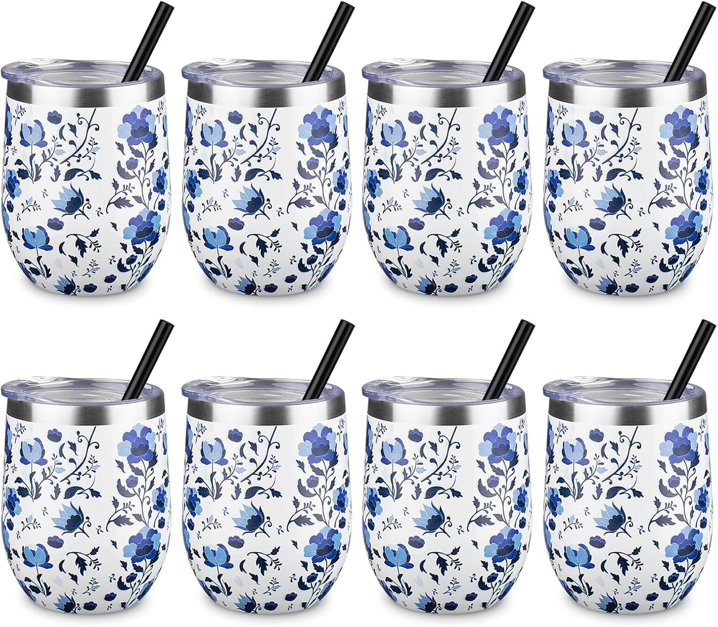 12 oz Insulated Wine Tumbler with Lid and Straw,Stainless Steel Stemless Wine Tumbler Glasses Double Wall Vacuum Wine Cups Tumbler for Coffee,Champaign,Cocktail,Office（Silver,1）