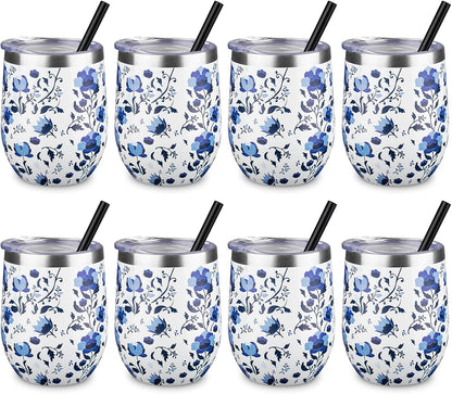 12 oz Insulated Wine Tumbler with Lid and Straw,Stainless Steel Stemless Wine Tumbler Glasses Double Wall Vacuum Wine Cups Tumbler for Coffee,Champaign,Cocktail,Office（Silver,1）