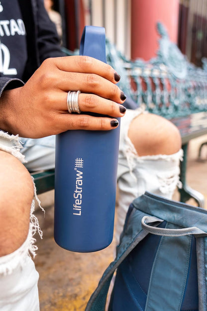 LifeStraw Go Series — Insulated Stainless Steel Water Filter Bottle for Travel and Everyday Use Removes Bacteria, Parasites and Microplastics, Improves Taste, 1L Aegan Sea